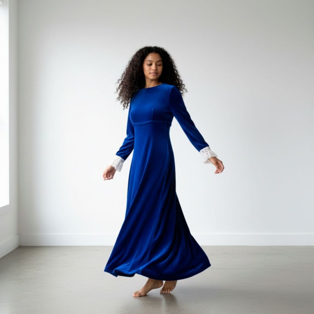 Vintage Lorrie Deb Royal Blue Long Sleeve Velvet Dress with Lace Cuffs - Size 4